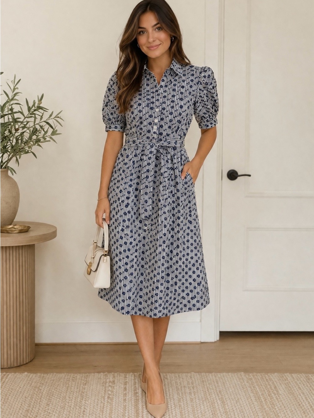 Brooks Brothers Blue Patterned Midi Shirt Dress with Tie Waist